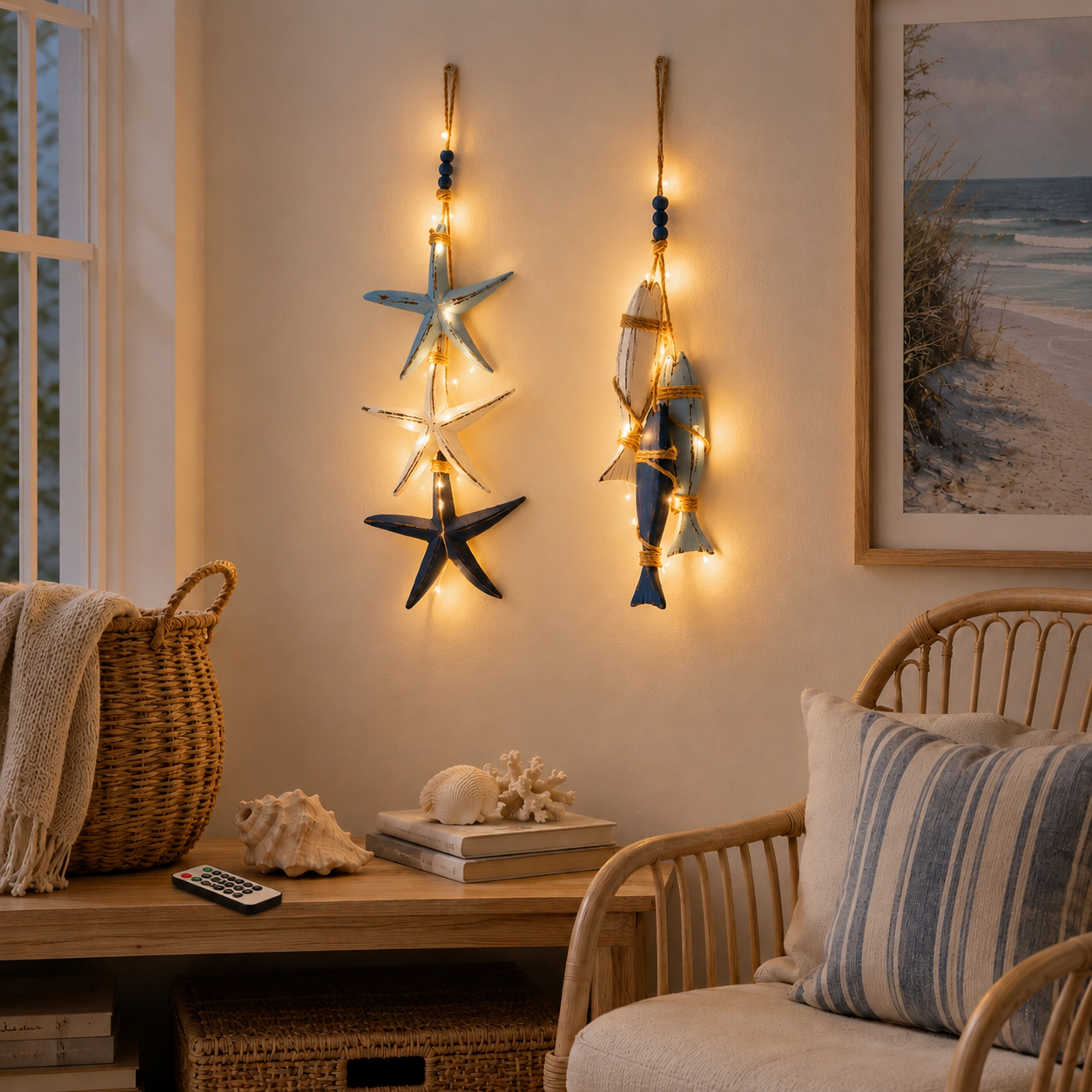 ⭐2026 HOT SALE🐟🌊Lighted Coastal Wooden Starfish & Fish Hanging Decor🏆