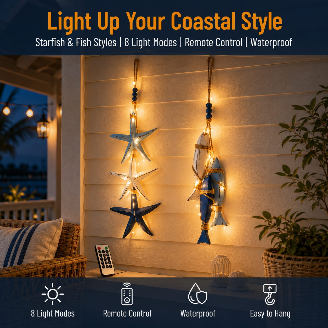 ⭐2026 HOT SALE🐟🌊Lighted Coastal Wooden Starfish & Fish Hanging Decor🏆