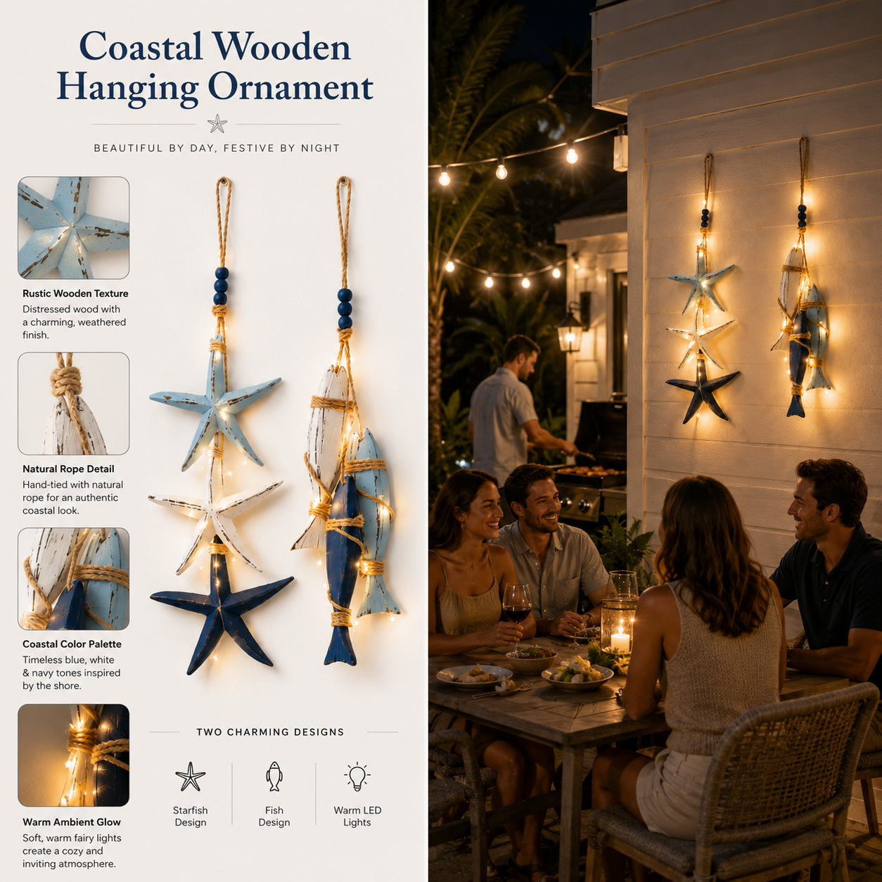 ⭐2026 HOT SALE🐟🌊Lighted Coastal Wooden Starfish & Fish Hanging Decor🏆