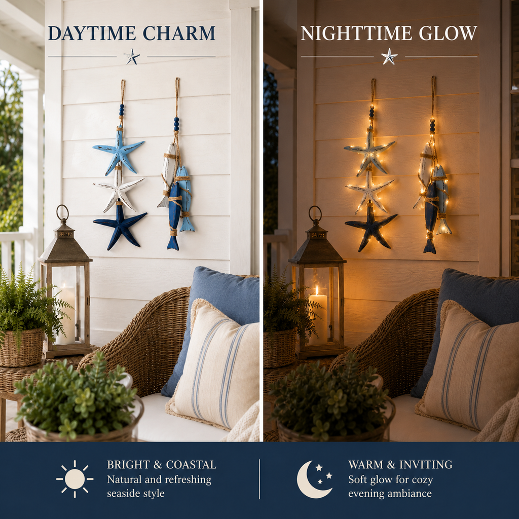 ⭐2026 HOT SALE🐟🌊Lighted Coastal Wooden Starfish & Fish Hanging Decor🏆