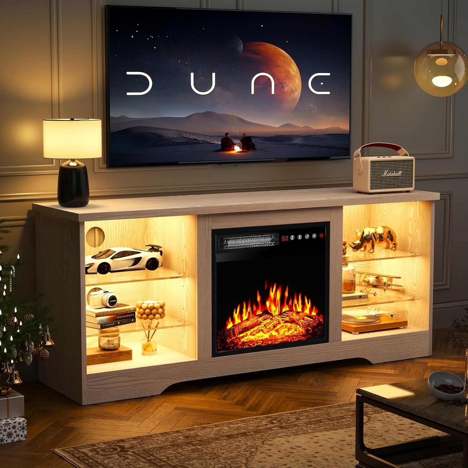Fireplace TV Stand Entertainment Center with 36" Fireplace, 70" Wooden TV Stand for TVs Up to 80",Media TV Console with High Gloss Storage Cabinet and 16 Colors LED Lights (White)💋