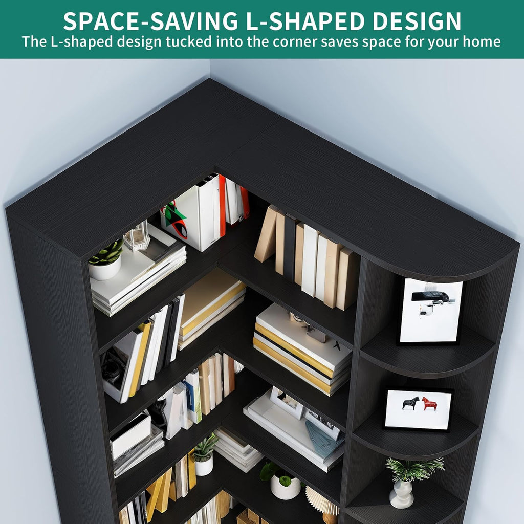 Corner Bookshelf with LED Light, White Bookshelf 6 Tier Corner Shelf L-Shaped Bookcase Storage Display Shelf for Home Office, Living Room, White🏆