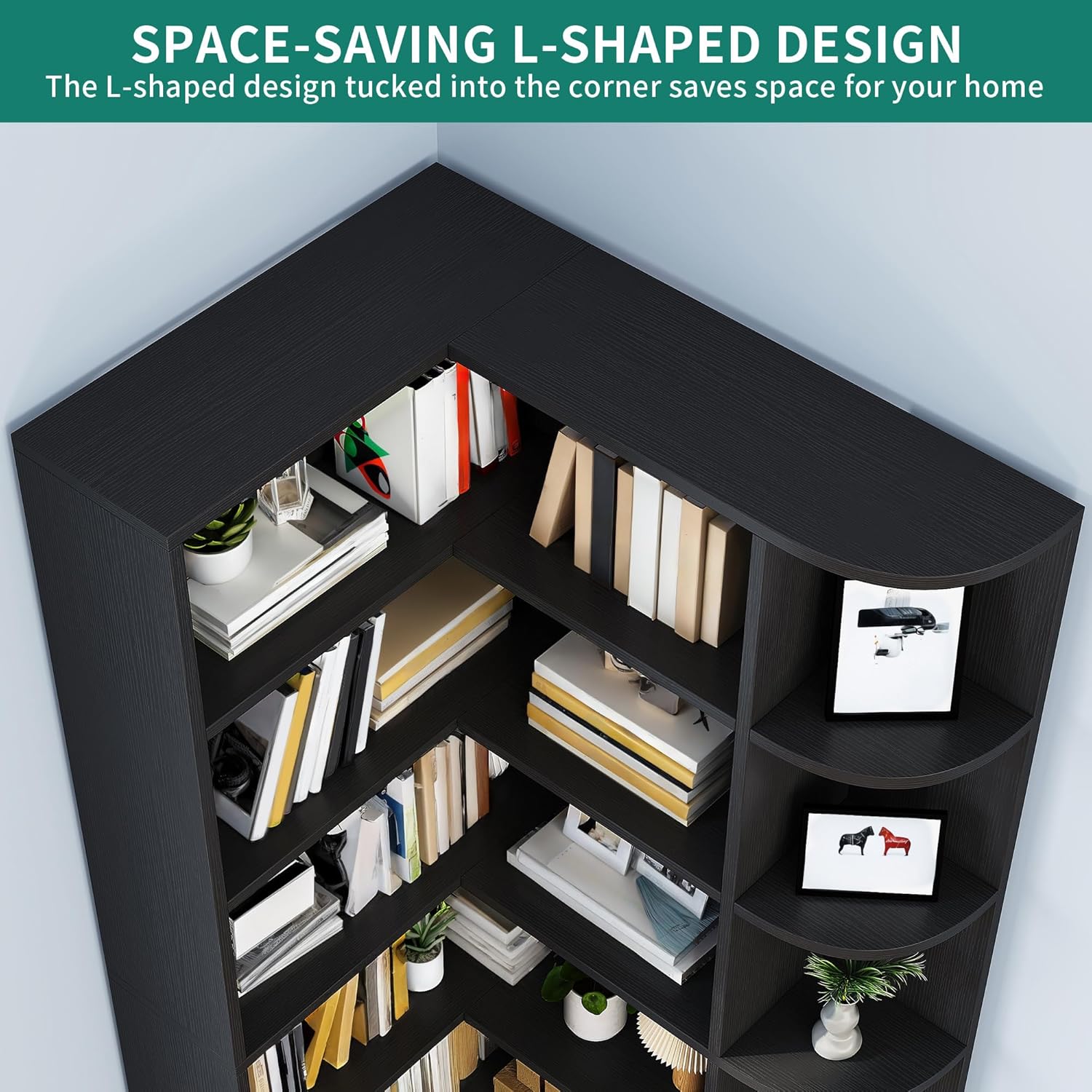 Corner Bookshelf with LED Light, White Bookshelf 6 Tier Corner Shelf L-Shaped Bookcase Storage Display Shelf for Home Office, Living Room, White🏆