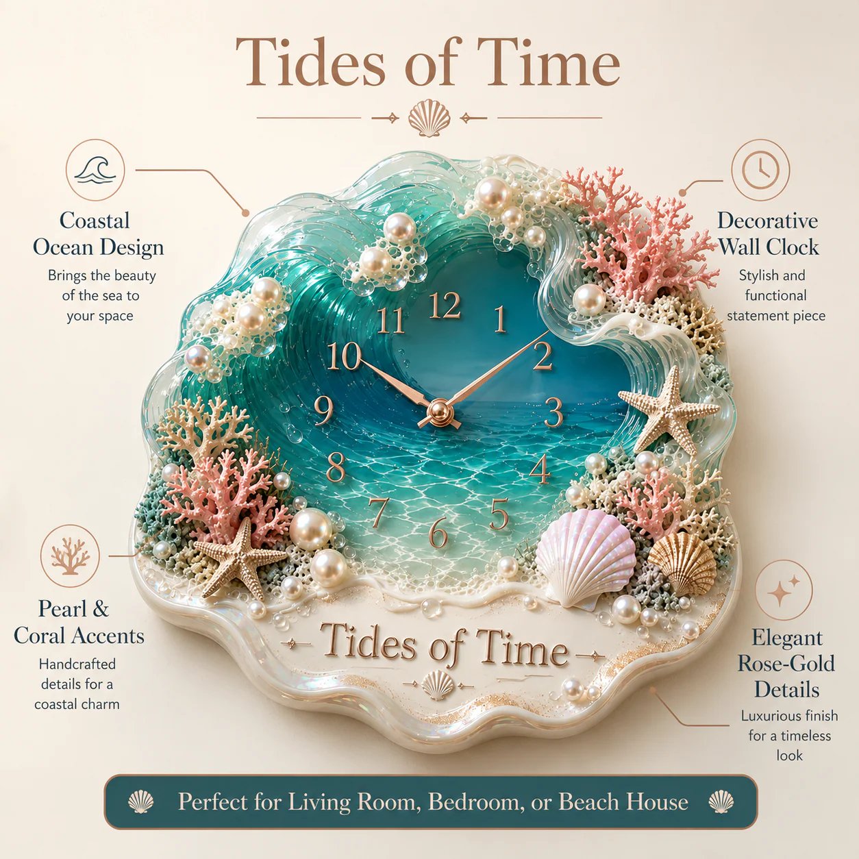 🌊🐚Tides of Time Ocean Wave Wall Clock – Iridescent Coastal Décor with Pearls, Seashells & Coral🏆