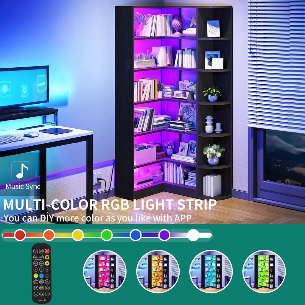 Corner Bookshelf with LED Light, White Bookshelf 6 Tier Corner Shelf L-Shaped Bookcase Storage Display Shelf for Home Office, Living Room, White🏆
