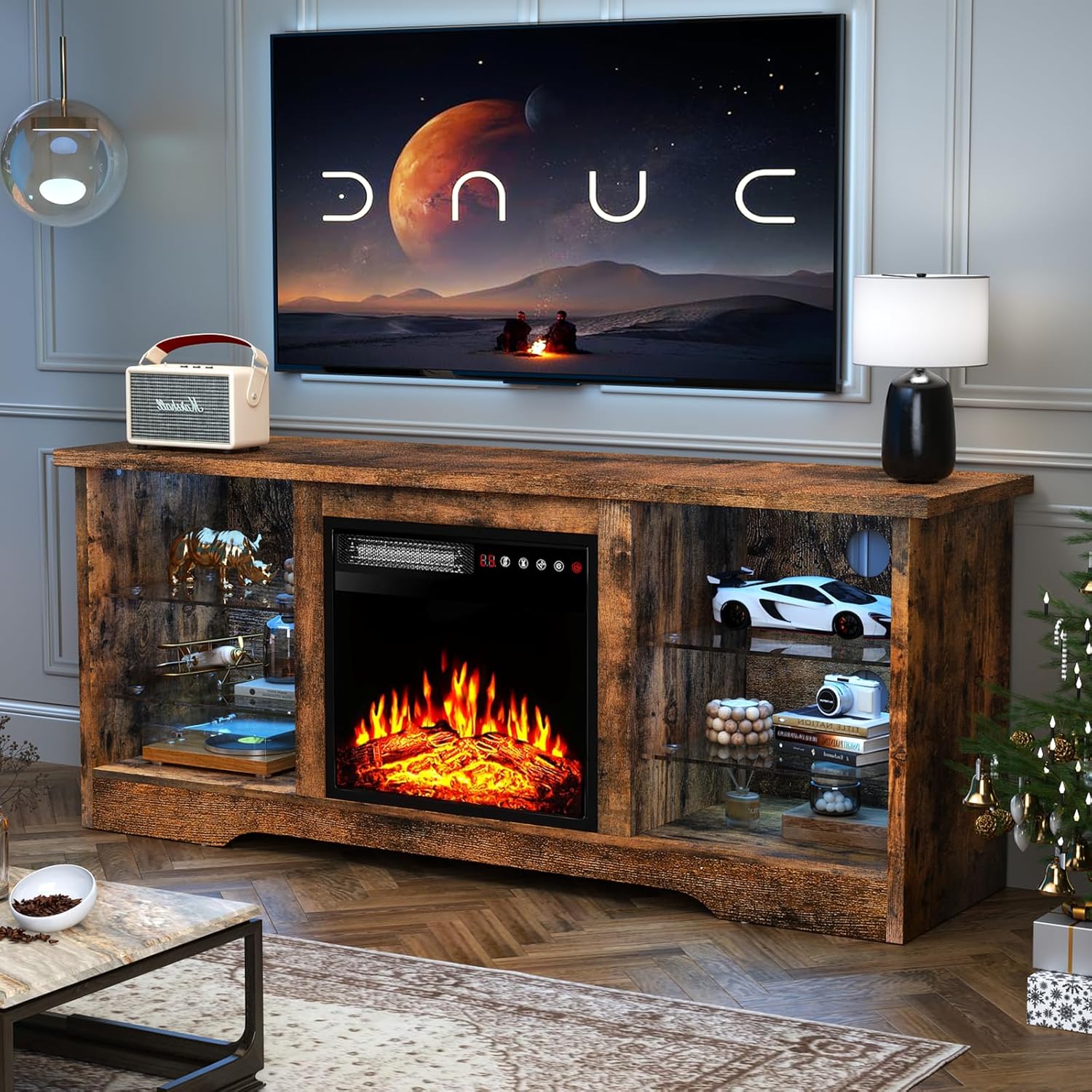 Fireplace TV Stand Entertainment Center with 36" Fireplace, 70" Wooden TV Stand for TVs Up to 80",Media TV Console with High Gloss Storage Cabinet and 16 Colors LED Lights (White)💋