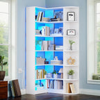 Corner Bookshelf with LED Light, White Bookshelf 6 Tier Corner Shelf L-Shaped Bookcase Storage Display Shelf for Home Office, Living Room, White🏆