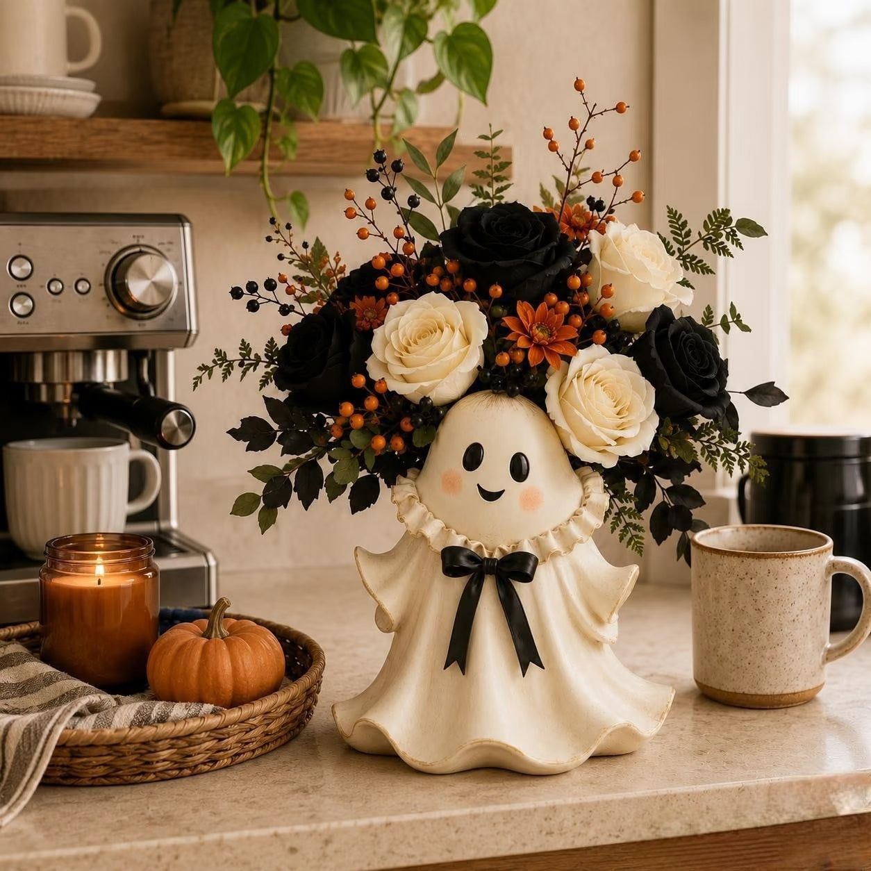 👻 Cute Ghost Wicker Basket Tabletop Decor | Fall Halloween Floral Holder🏆