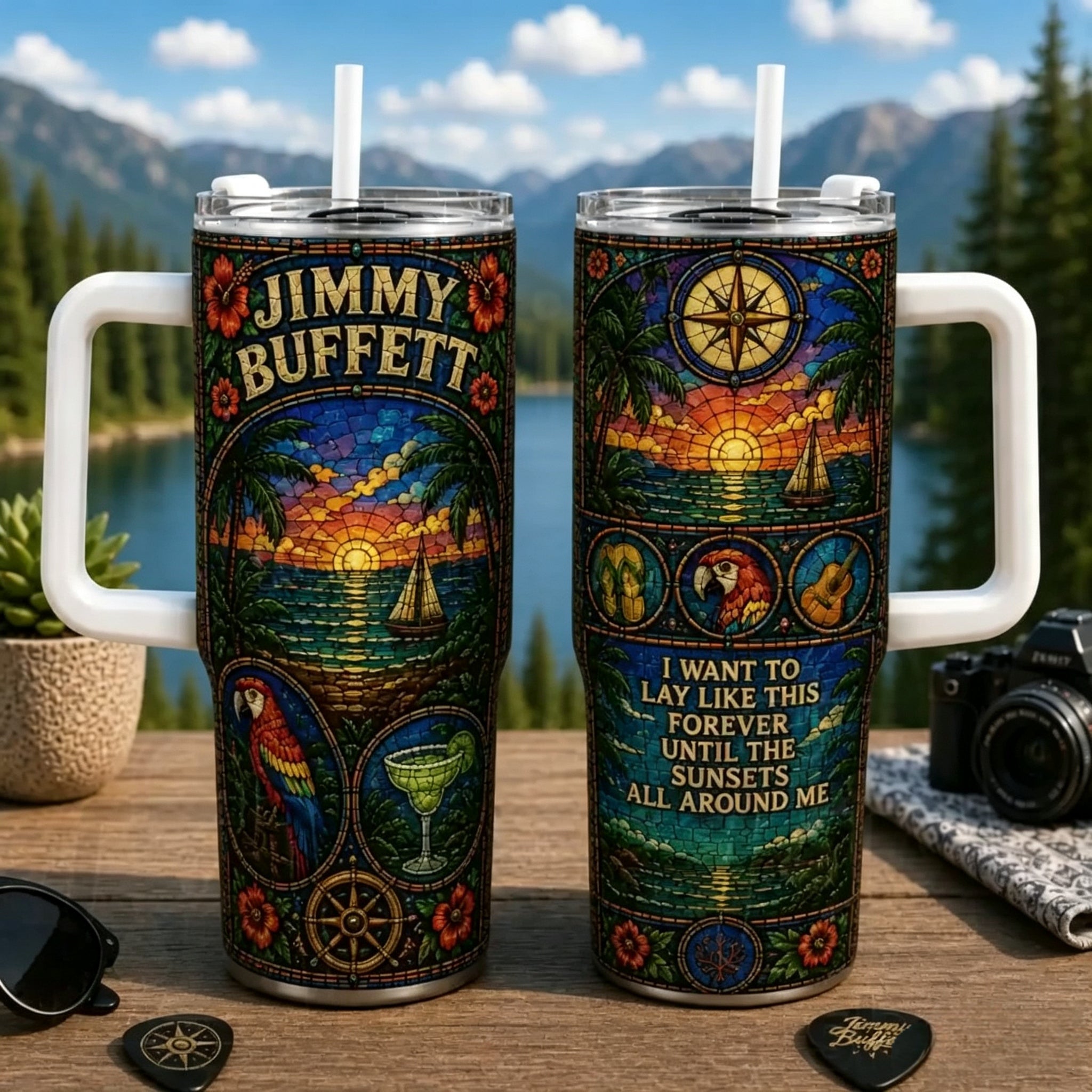 🌴🐦Jimmy Buffett 40oz Stained Glass Stainless Steel Tumbler🏆