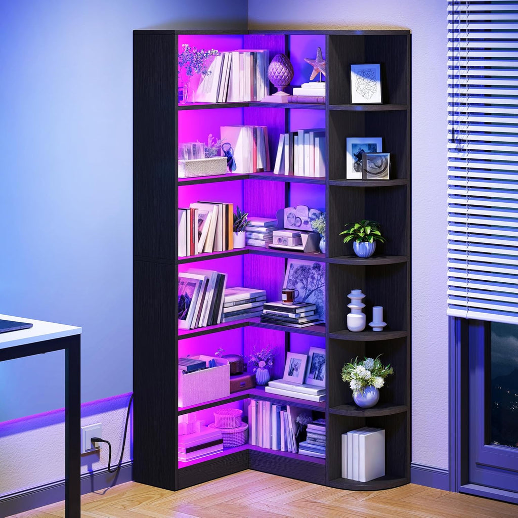 Corner Bookshelf with LED Light, White Bookshelf 6 Tier Corner Shelf L-Shaped Bookcase Storage Display Shelf for Home Office, Living Room, White🏆