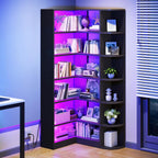 Corner Bookshelf with LED Light, White Bookshelf 6 Tier Corner Shelf L-Shaped Bookcase Storage Display Shelf for Home Office, Living Room, White🏆