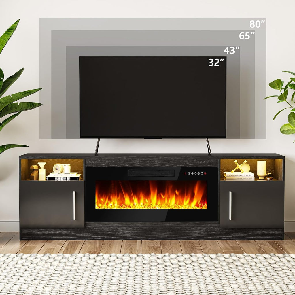 Fireplace TV Stand Entertainment Center with 36" Fireplace, 70" Wooden TV Stand for TVs Up to 80",Media TV Console with High Gloss Storage Cabinet and 16 Colors LED Lights (White)💋