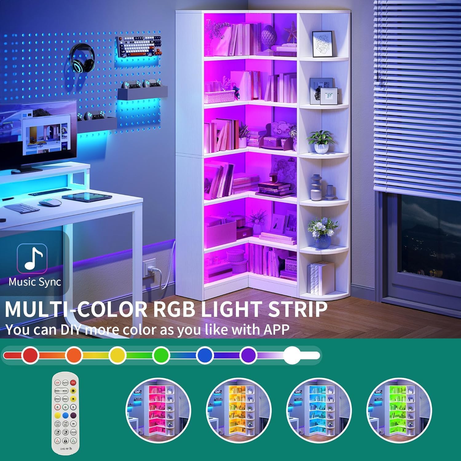 Corner Bookshelf with LED Light, White Bookshelf 6 Tier Corner Shelf L-Shaped Bookcase Storage Display Shelf for Home Office, Living Room, White🏆