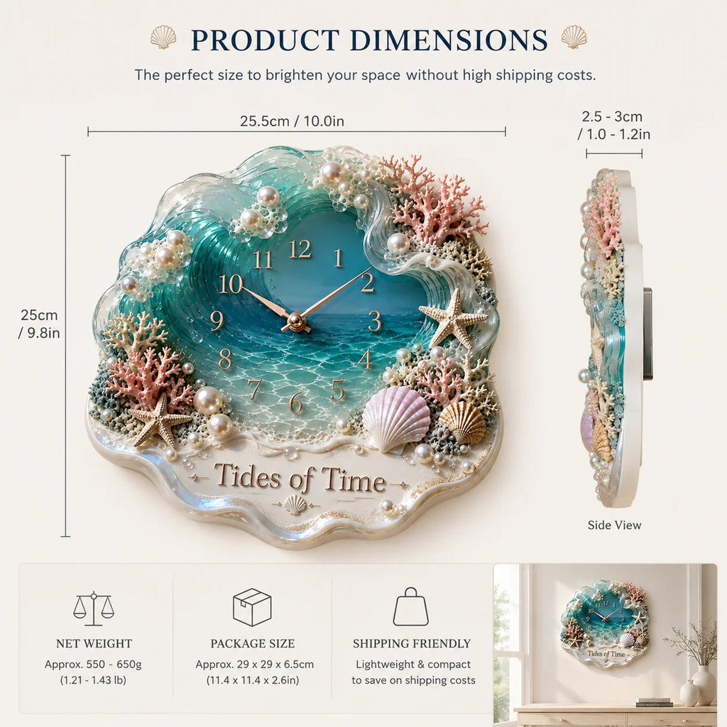 🌊🐚Tides of Time Ocean Wave Wall Clock – Iridescent Coastal Décor with Pearls, Seashells & Coral🏆