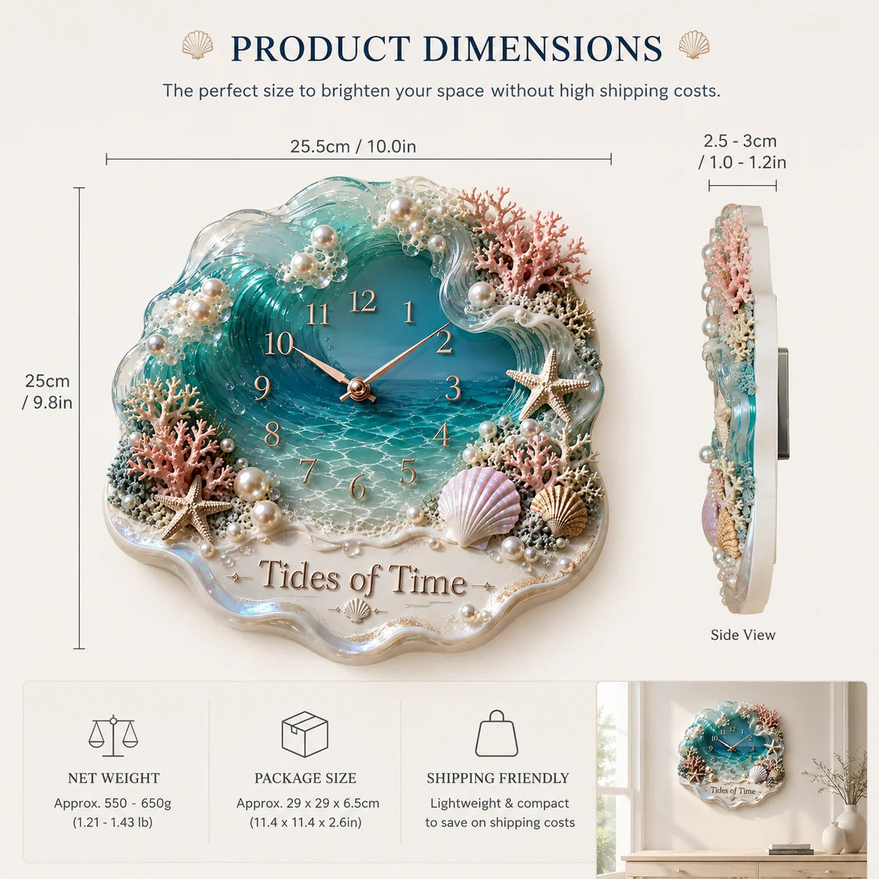 🌊🐚Tides of Time Ocean Wave Wall Clock – Iridescent Coastal Décor with Pearls, Seashells & Coral🏆
