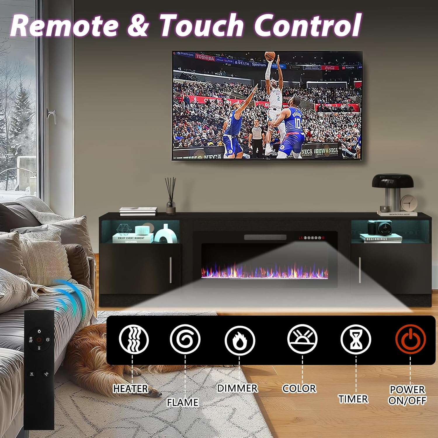 Fireplace TV Stand Entertainment Center with 36" Fireplace, 70" Wooden TV Stand for TVs Up to 80",Media TV Console with High Gloss Storage Cabinet and 16 Colors LED Lights (White)💋