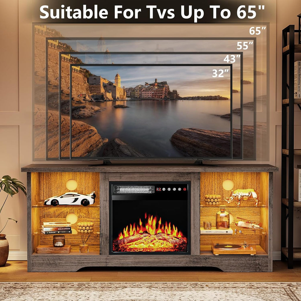 Fireplace TV Stand Entertainment Center with 36" Fireplace, 70" Wooden TV Stand for TVs Up to 80",Media TV Console with High Gloss Storage Cabinet and 16 Colors LED Lights (White)💋