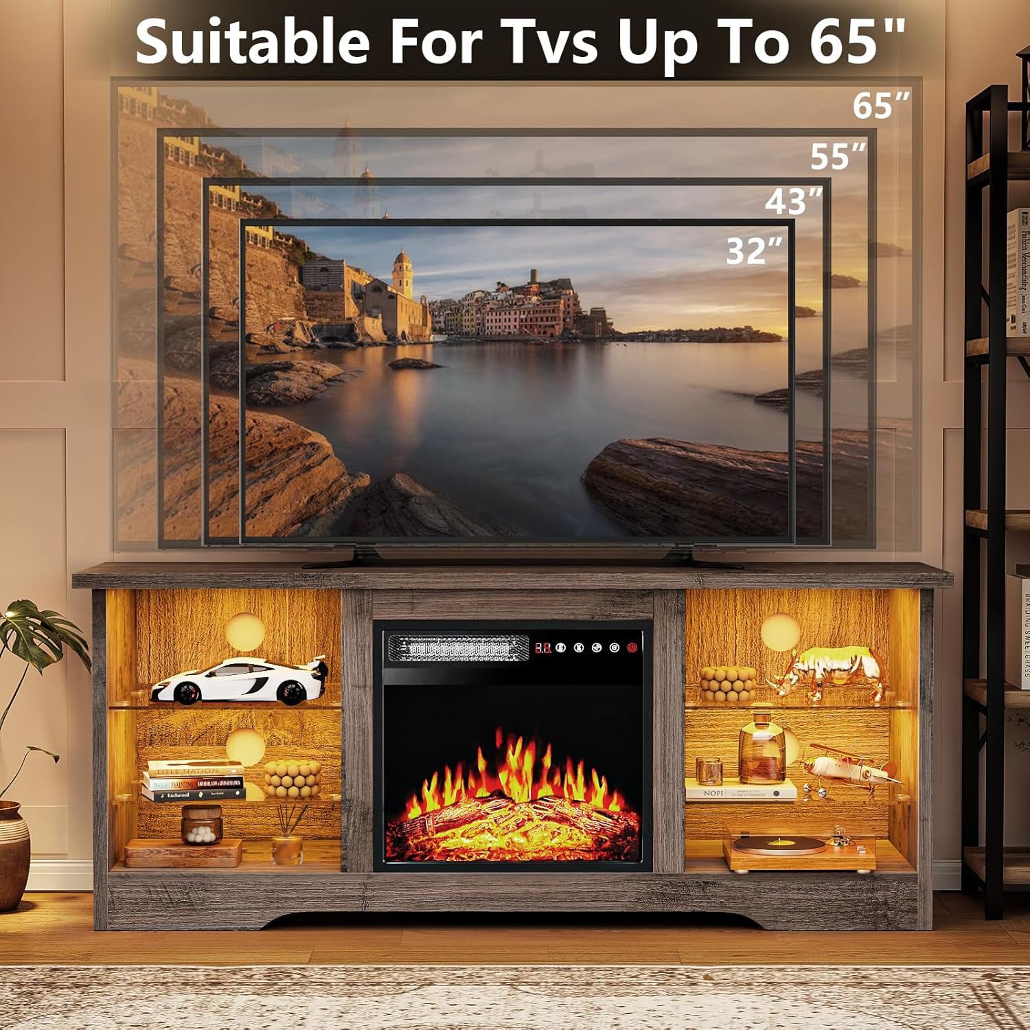 Fireplace TV Stand Entertainment Center with 36" Fireplace, 70" Wooden TV Stand for TVs Up to 80",Media TV Console with High Gloss Storage Cabinet and 16 Colors LED Lights (White)💋