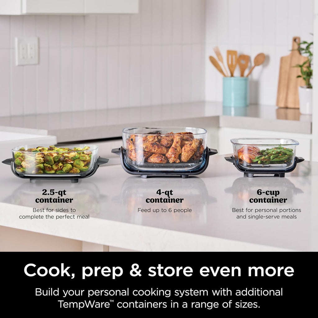4-in-1 Portable Glass Air Fryer Cooking System, 1500W, 4QT & 6-Cup TempWare Glass Containers with Storage Lids, Microwave, Freezer & Dishwasher Safe, Cyberspace Gray, FN101GY💋