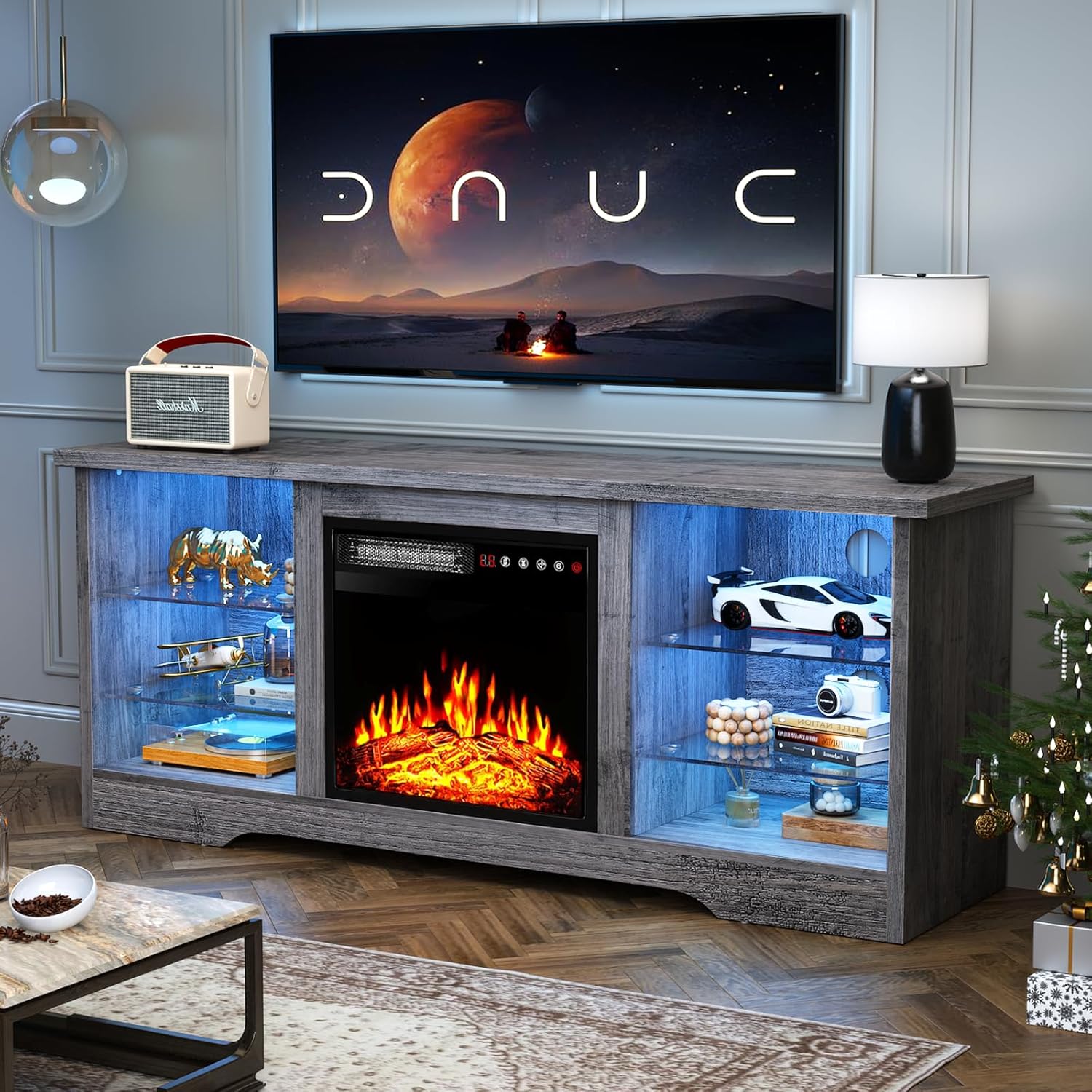 Fireplace TV Stand Entertainment Center with 36" Fireplace, 70" Wooden TV Stand for TVs Up to 80",Media TV Console with High Gloss Storage Cabinet and 16 Colors LED Lights (White)💋
