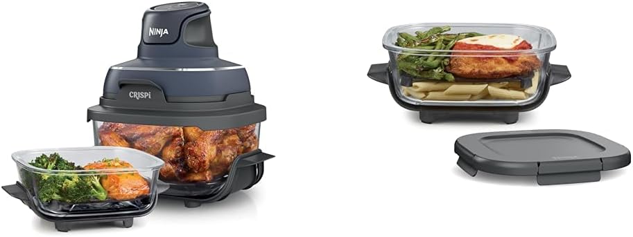 4-in-1 Portable Glass Air Fryer Cooking System, 1500W, 4QT & 6-Cup TempWare Glass Containers with Storage Lids, Microwave, Freezer & Dishwasher Safe, Cyberspace Gray, FN101GY💋
