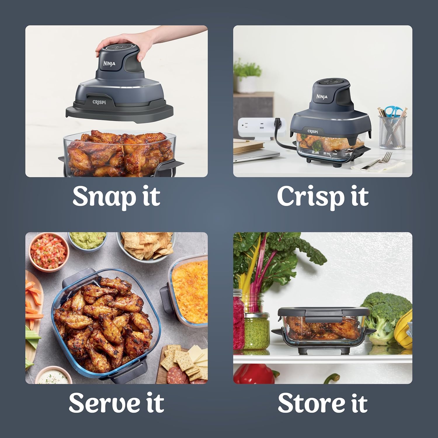 4-in-1 Portable Glass Air Fryer Cooking System, 1500W, 4QT & 6-Cup TempWare Glass Containers with Storage Lids, Microwave, Freezer & Dishwasher Safe, Cyberspace Gray, FN101GY💋