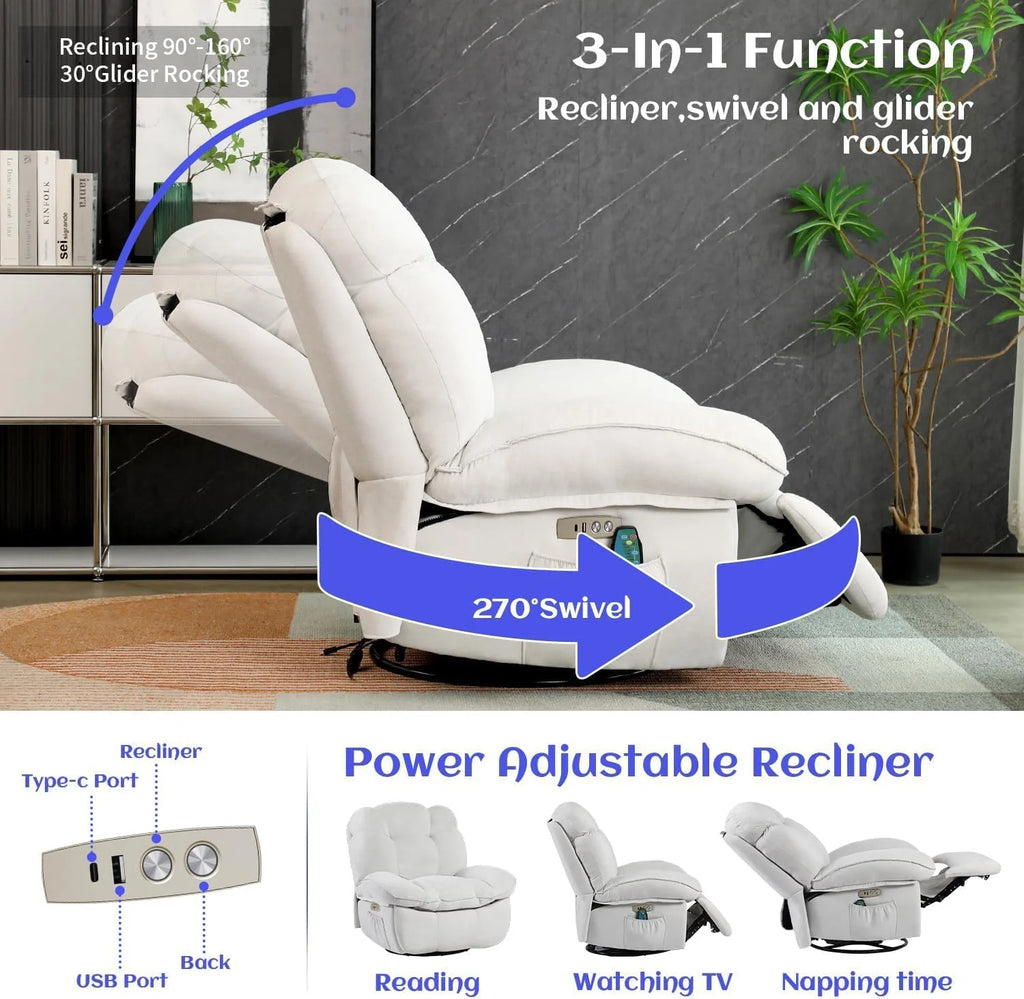 Power Recliner Chair, Massage Rocker Recliner Chairs for Adults with Heated, Oversized Rocker Swivel Chairs for Living Room, Comfy Nursery Rocking Chairs with USB-C Ports and Side Pocket, White🏆