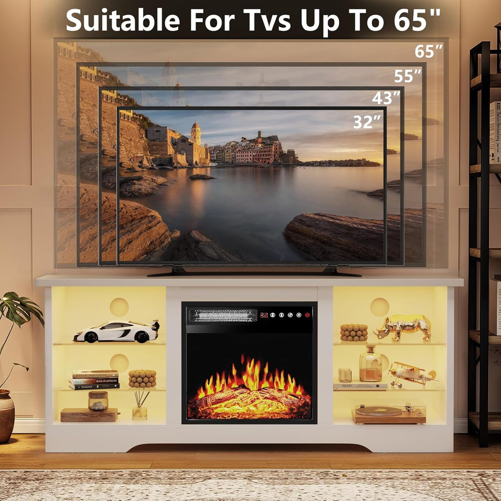 Fireplace TV Stand Entertainment Center with 36" Fireplace, 70" Wooden TV Stand for TVs Up to 80",Media TV Console with High Gloss Storage Cabinet and 16 Colors LED Lights (White)💋