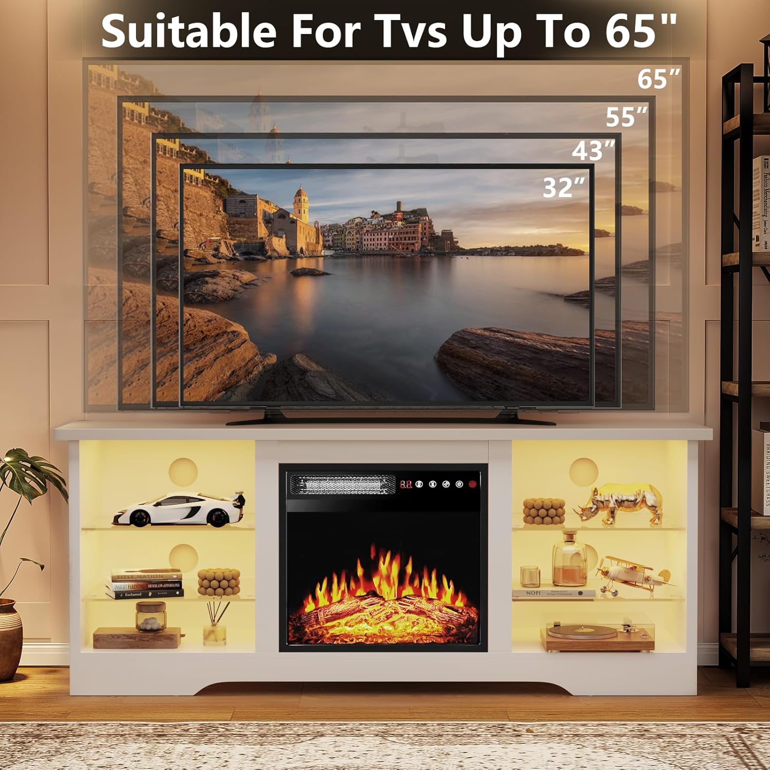 Fireplace TV Stand Entertainment Center with 36" Fireplace, 70" Wooden TV Stand for TVs Up to 80",Media TV Console with High Gloss Storage Cabinet and 16 Colors LED Lights (White)💋