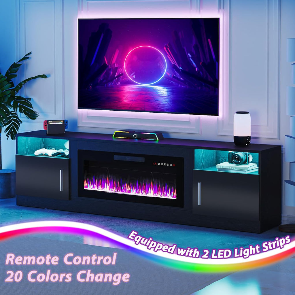 Fireplace TV Stand Entertainment Center with 36" Fireplace, 70" Wooden TV Stand for TVs Up to 80",Media TV Console with High Gloss Storage Cabinet and 16 Colors LED Lights (White)💋