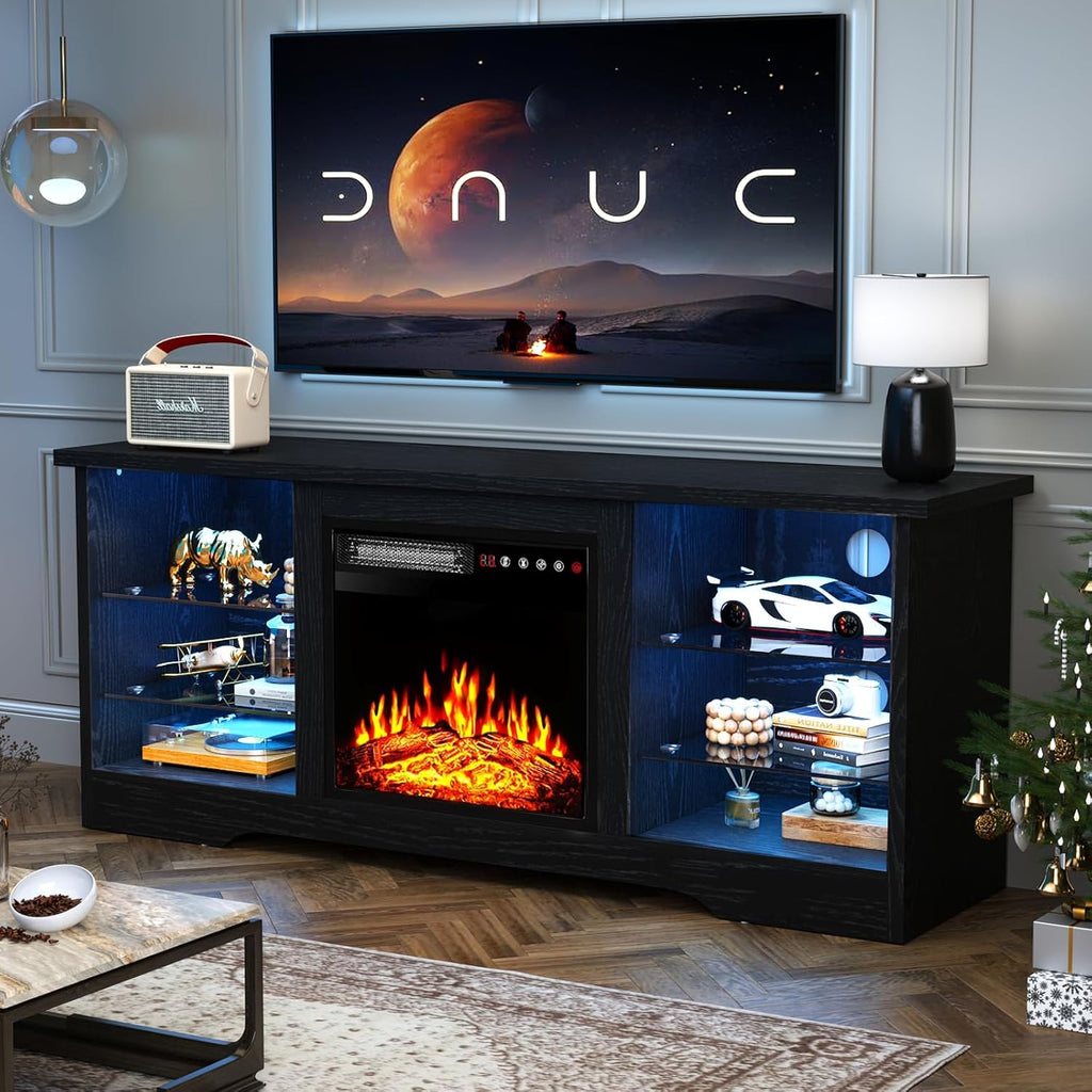 Fireplace TV Stand Entertainment Center with 36" Fireplace, 70" Wooden TV Stand for TVs Up to 80",Media TV Console with High Gloss Storage Cabinet and 16 Colors LED Lights (White)💋