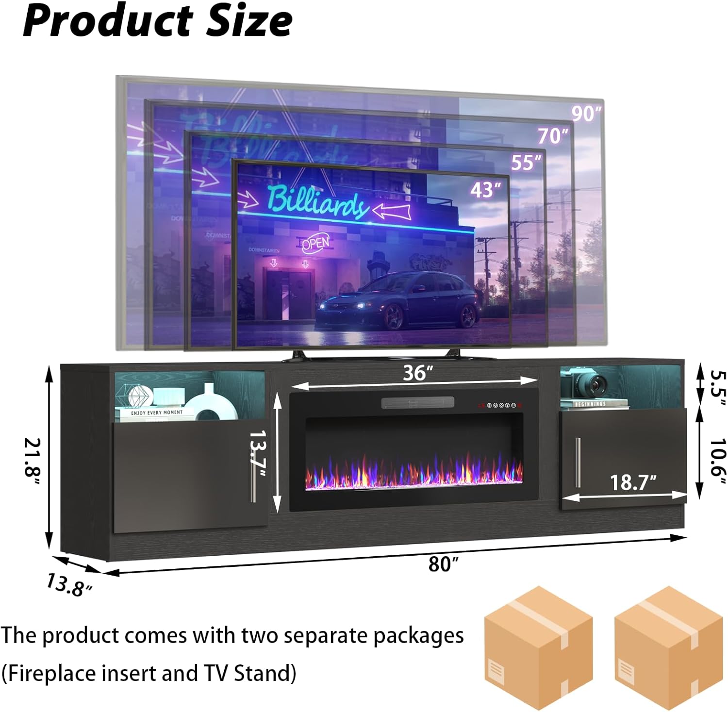 Fireplace TV Stand Entertainment Center with 36" Fireplace, 70" Wooden TV Stand for TVs Up to 80",Media TV Console with High Gloss Storage Cabinet and 16 Colors LED Lights (White)💋