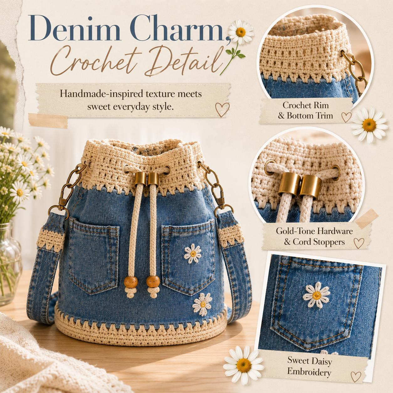 Denim Crochet Bucket Bag👜🏆