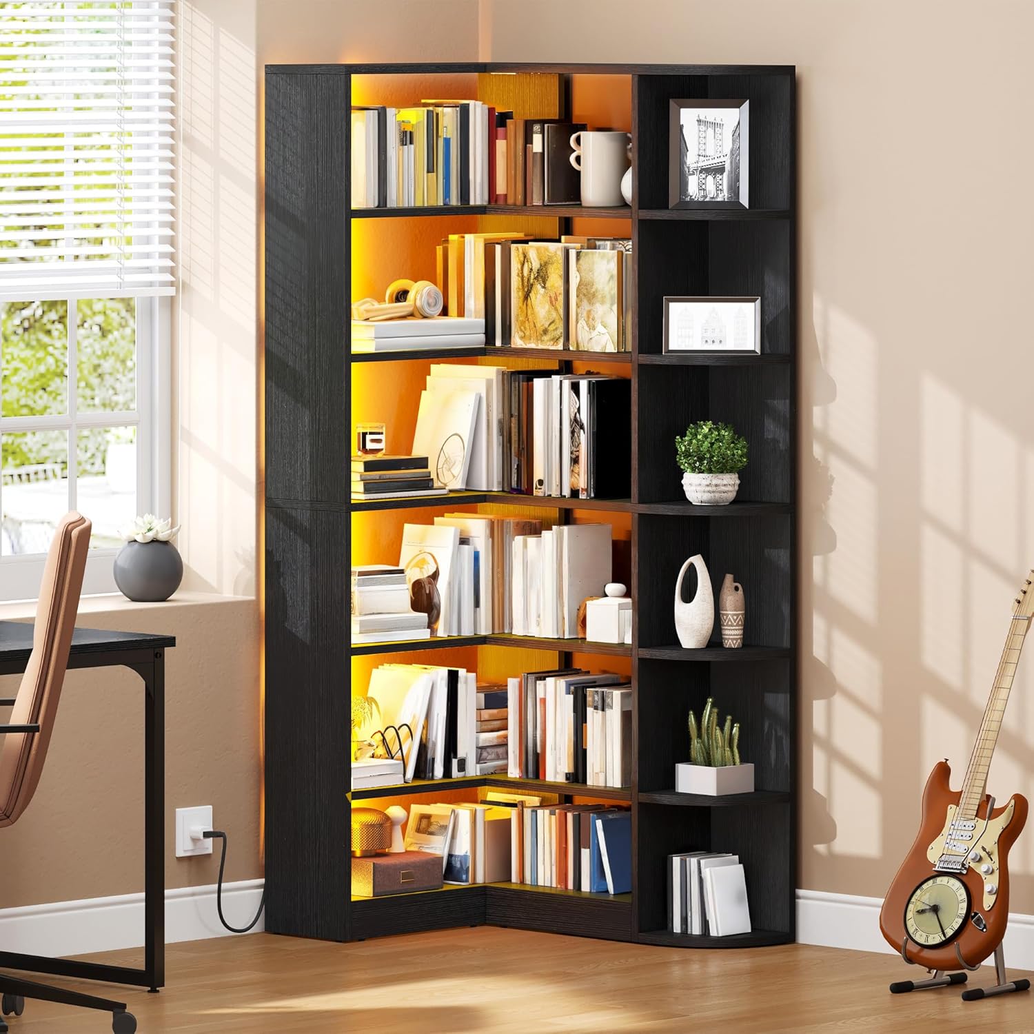 Corner Bookshelf with LED Light, White Bookshelf 6 Tier Corner Shelf L-Shaped Bookcase Storage Display Shelf for Home Office, Living Room, White🏆