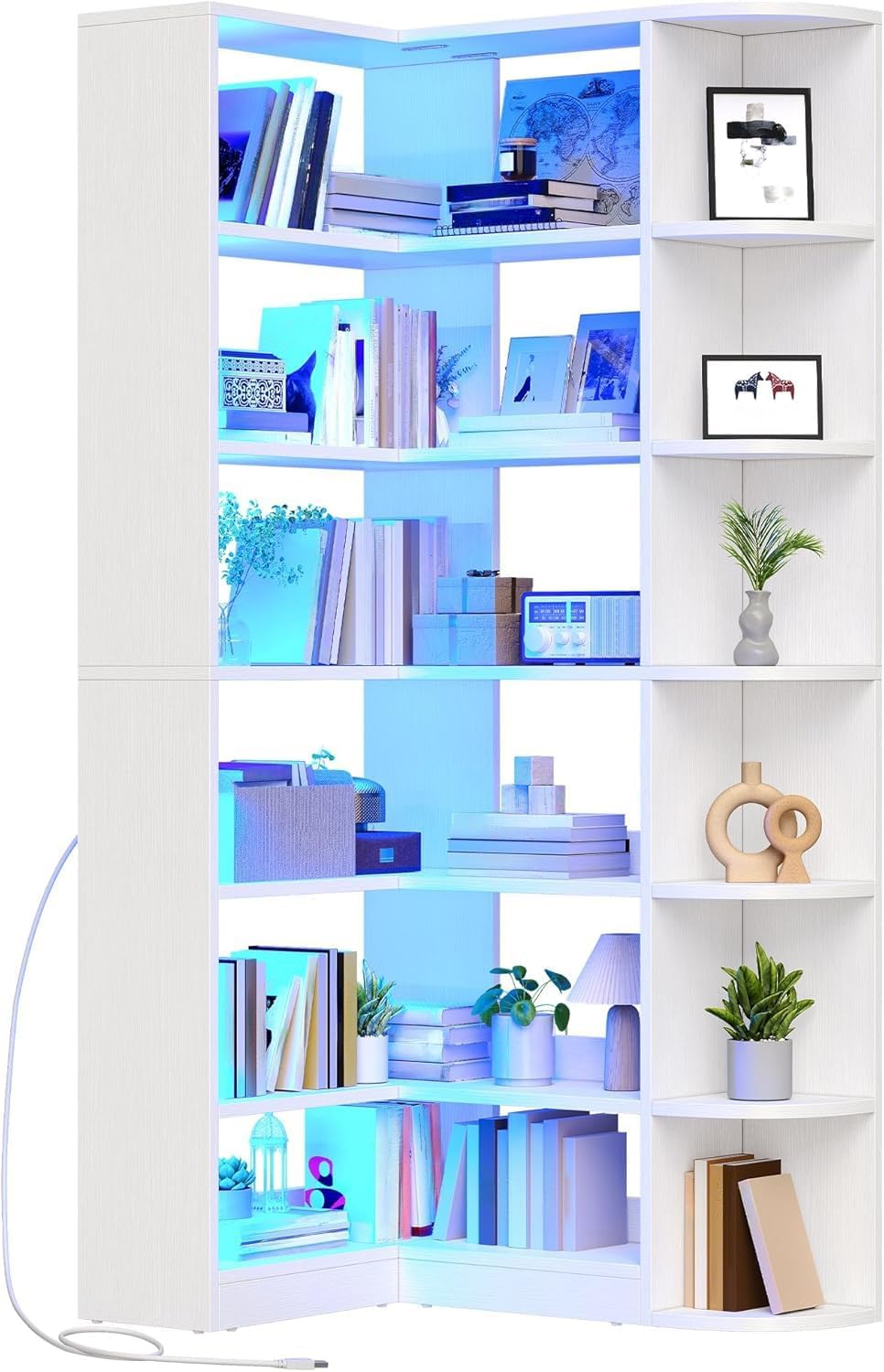 Corner Bookshelf with LED Light, White Bookshelf 6 Tier Corner Shelf L-Shaped Bookcase Storage Display Shelf for Home Office, Living Room, White🏆