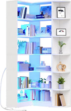 Corner Bookshelf with LED Light, White Bookshelf 6 Tier Corner Shelf L-Shaped Bookcase Storage Display Shelf for Home Office, Living Room, White🏆
