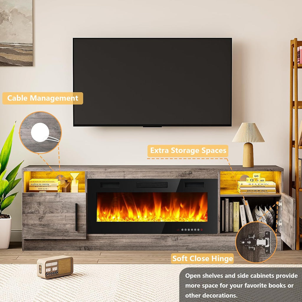Fireplace TV Stand Entertainment Center with 36" Fireplace, 70" Wooden TV Stand for TVs Up to 80",Media TV Console with High Gloss Storage Cabinet and 16 Colors LED Lights (White)💋