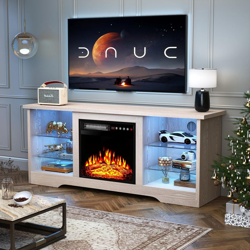 Fireplace TV Stand Entertainment Center with 36" Fireplace, 70" Wooden TV Stand for TVs Up to 80",Media TV Console with High Gloss Storage Cabinet and 16 Colors LED Lights (White)💋