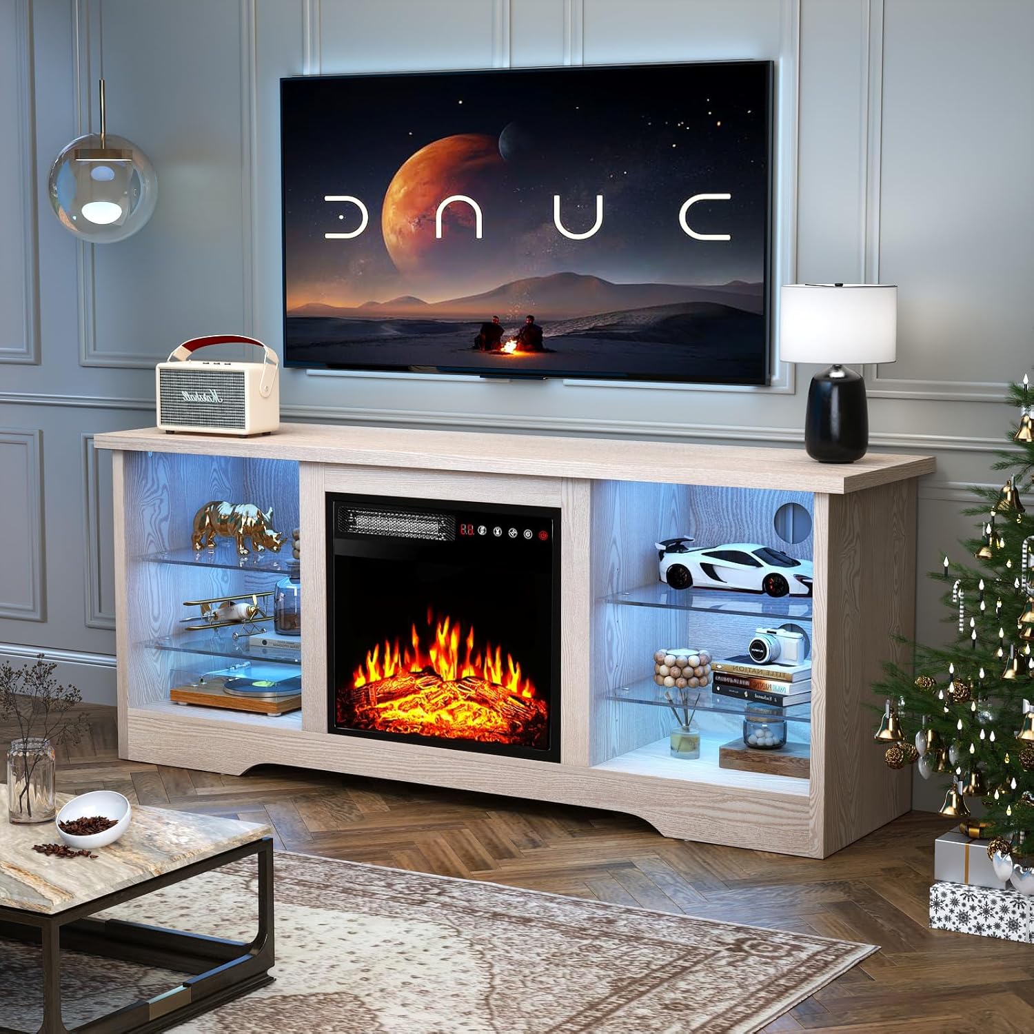 Fireplace TV Stand Entertainment Center with 36" Fireplace, 70" Wooden TV Stand for TVs Up to 80",Media TV Console with High Gloss Storage Cabinet and 16 Colors LED Lights (White)💋