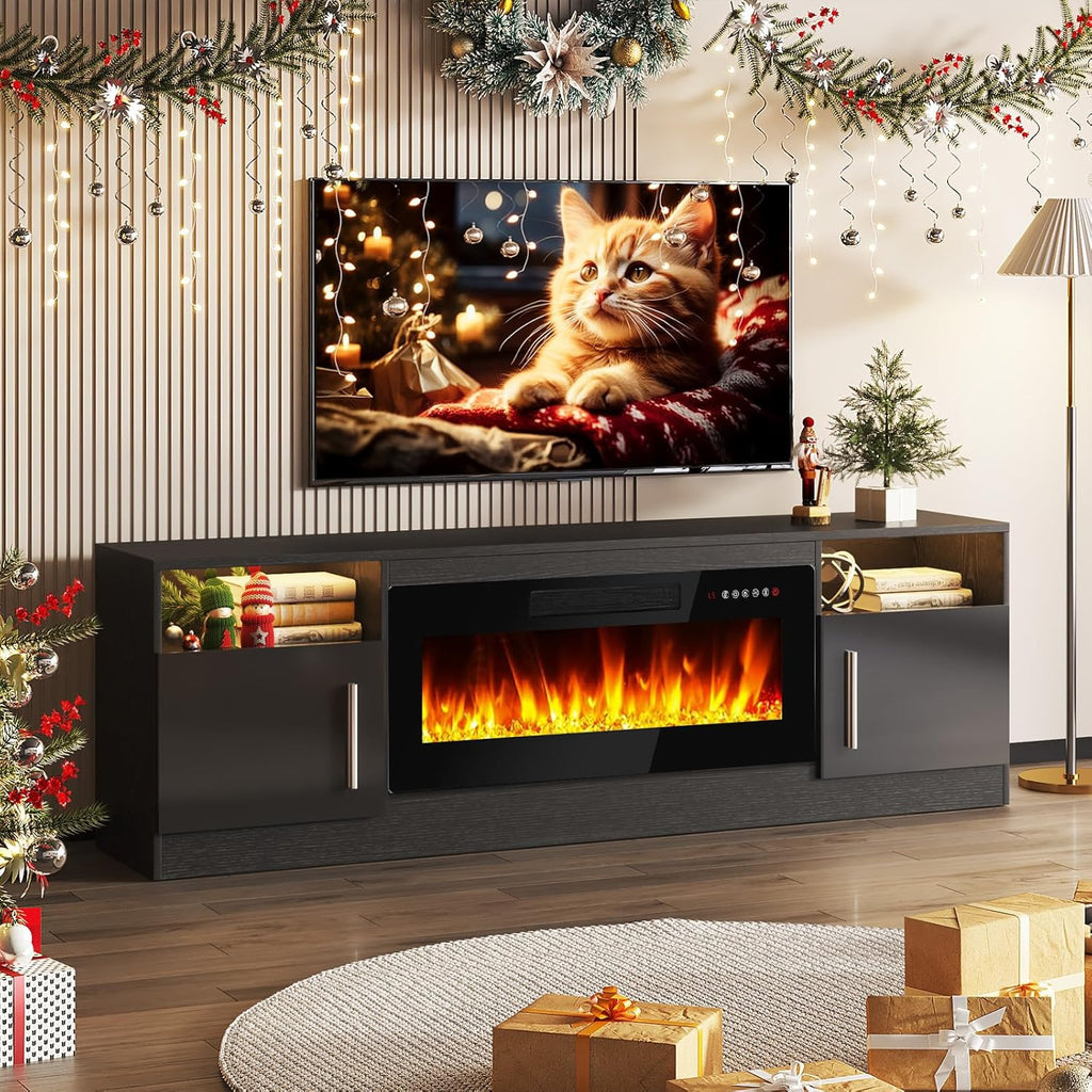 Fireplace TV Stand Entertainment Center with 36" Fireplace, 70" Wooden TV Stand for TVs Up to 80",Media TV Console with High Gloss Storage Cabinet and 16 Colors LED Lights (White)💋