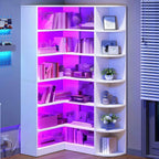 Corner Bookshelf with LED Light, White Bookshelf 6 Tier Corner Shelf L-Shaped Bookcase Storage Display Shelf for Home Office, Living Room, White🏆