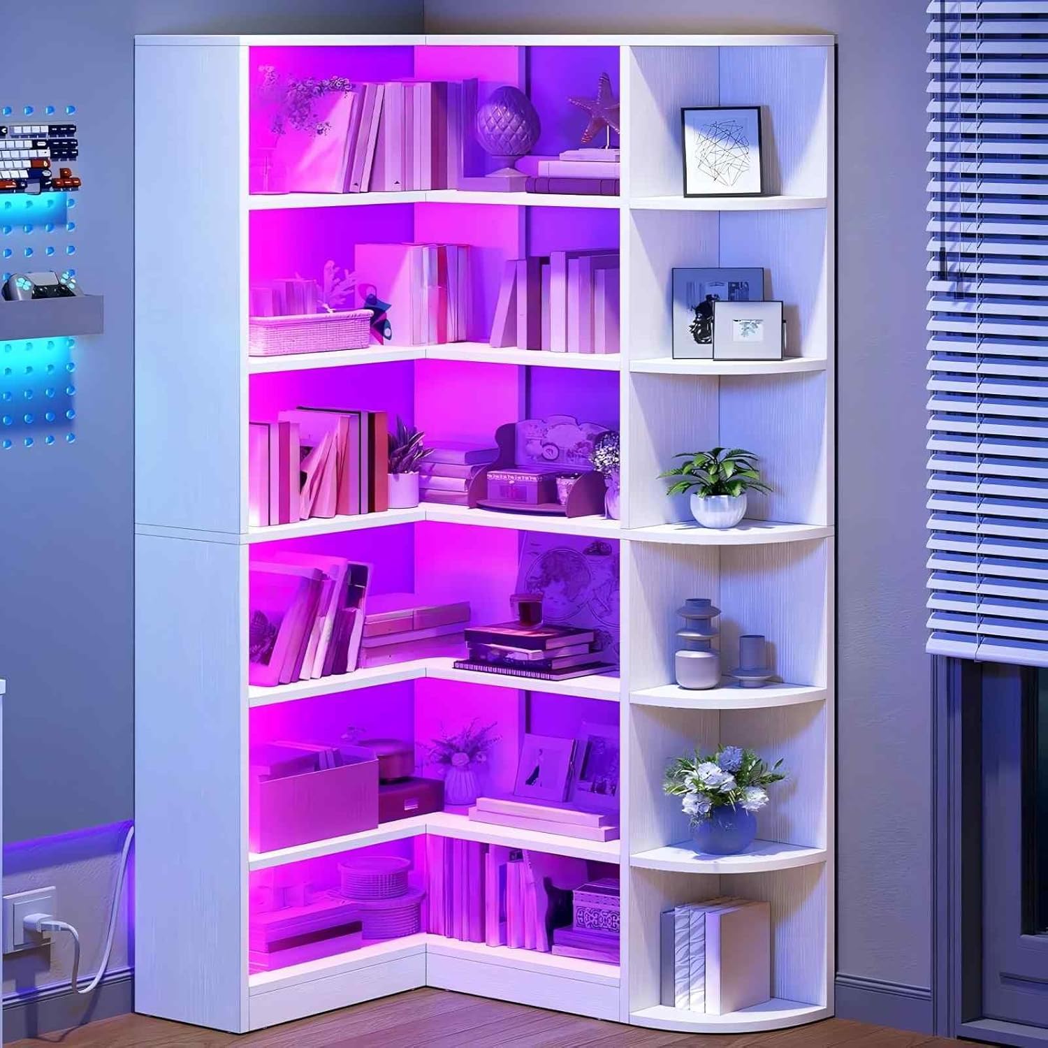 Corner Bookshelf with LED Light, White Bookshelf 6 Tier Corner Shelf L-Shaped Bookcase Storage Display Shelf for Home Office, Living Room, White🏆