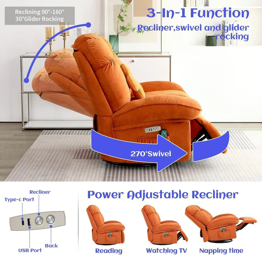 Power Recliner Chair, Massage Rocker Recliner Chairs for Adults with Heated, Oversized Rocker Swivel Chairs for Living Room, Comfy Nursery Rocking Chairs with USB-C Ports and Side Pocket, White🏆
