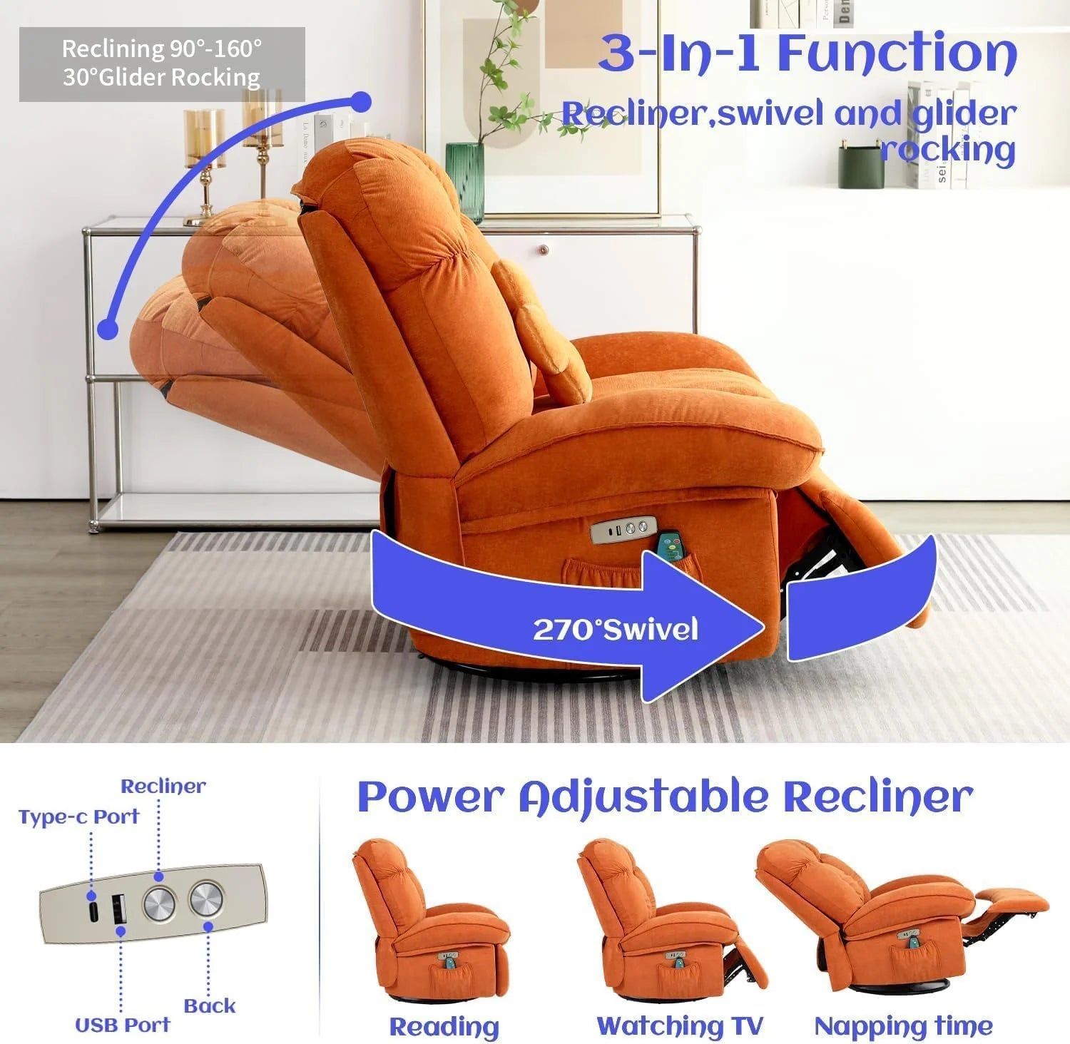 Power Recliner Chair, Massage Rocker Recliner Chairs for Adults with Heated, Oversized Rocker Swivel Chairs for Living Room, Comfy Nursery Rocking Chairs with USB-C Ports and Side Pocket, White🏆