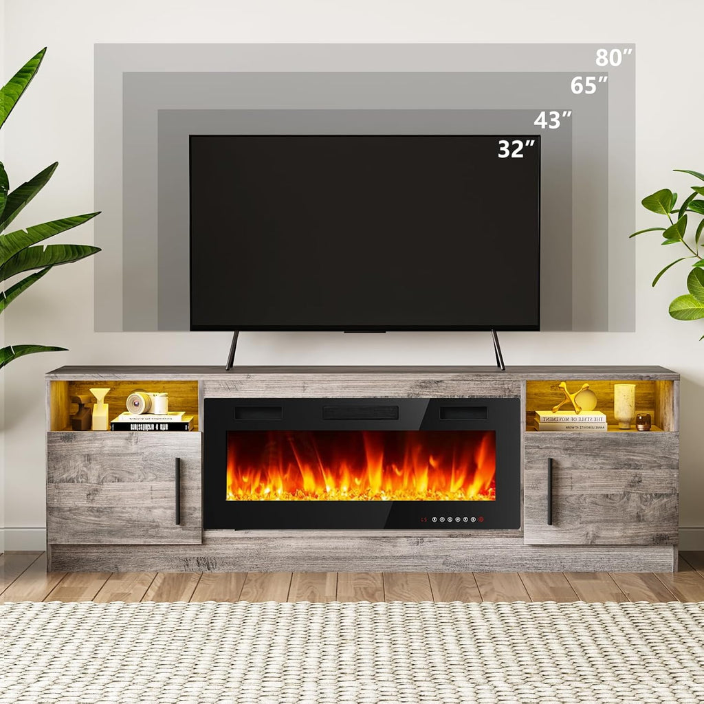 Fireplace TV Stand Entertainment Center with 36" Fireplace, 70" Wooden TV Stand for TVs Up to 80",Media TV Console with High Gloss Storage Cabinet and 16 Colors LED Lights (White)💋