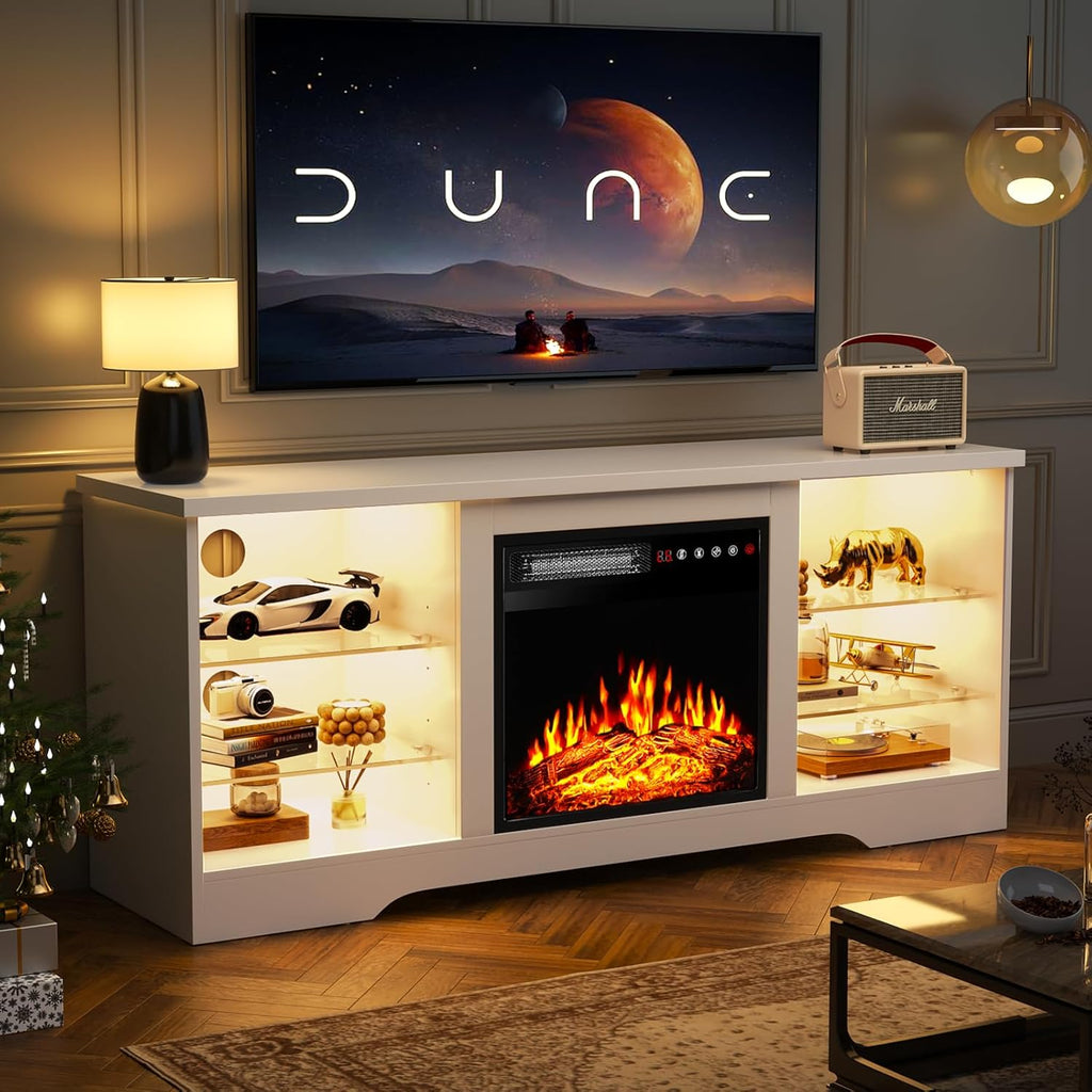 Fireplace TV Stand Entertainment Center with 36" Fireplace, 70" Wooden TV Stand for TVs Up to 80",Media TV Console with High Gloss Storage Cabinet and 16 Colors LED Lights (White)💋