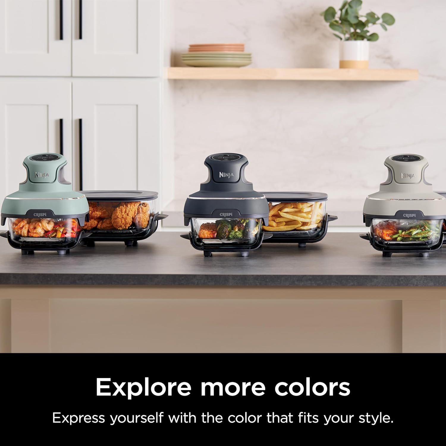 4-in-1 Portable Glass Air Fryer Cooking System, 1500W, 4QT & 6-Cup TempWare Glass Containers with Storage Lids, Microwave, Freezer & Dishwasher Safe, Cyberspace Gray, FN101GY💋