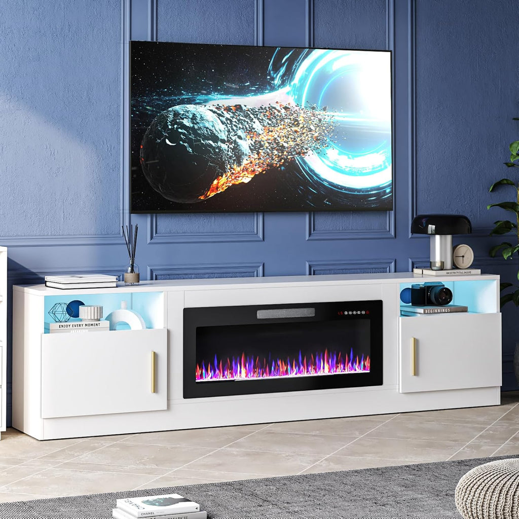 Fireplace TV Stand Entertainment Center with 36" Fireplace, 70" Wooden TV Stand for TVs Up to 80",Media TV Console with High Gloss Storage Cabinet and 16 Colors LED Lights (White)💋