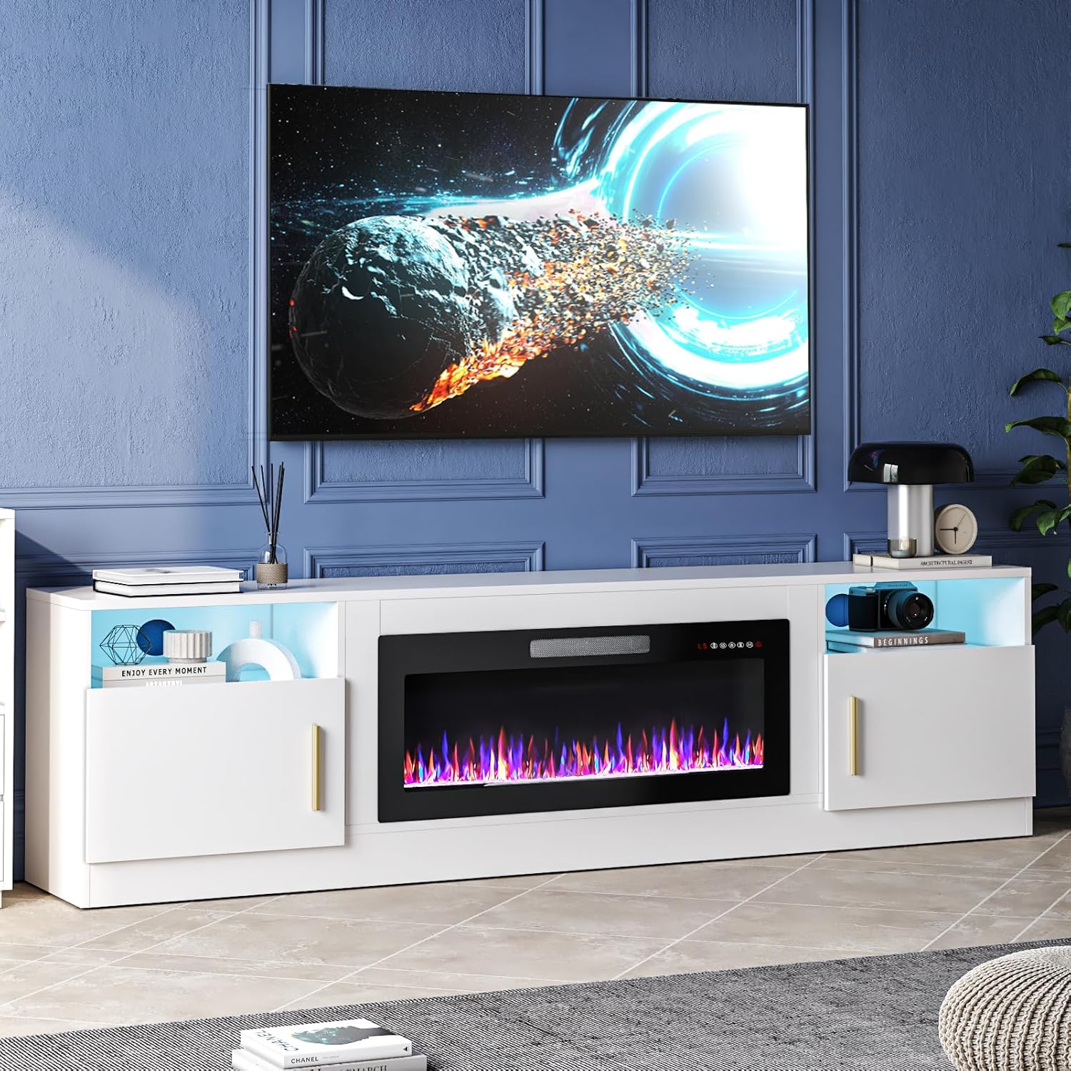 Fireplace TV Stand Entertainment Center with 36" Fireplace, 70" Wooden TV Stand for TVs Up to 80",Media TV Console with High Gloss Storage Cabinet and 16 Colors LED Lights (White)💋