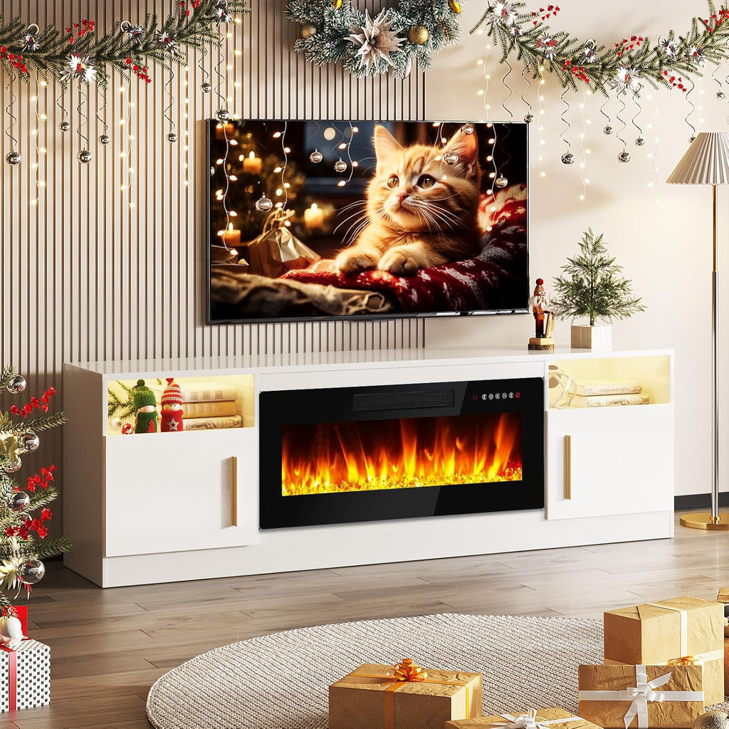 Fireplace TV Stand Entertainment Center with 36" Fireplace, 70" Wooden TV Stand for TVs Up to 80",Media TV Console with High Gloss Storage Cabinet and 16 Colors LED Lights (White)💋